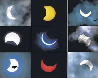  ?? PTI ?? The annular solar eclipse as seen from (top left to right) Kolkata, Coimbatore, Hyderabad, (centre L to R) Bengaluru, Ghaziabad, Patna and (bottom L to R) Chennai, New Delhi and Mumbai on Sunday.