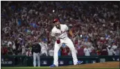  ?? MATT SLOCUM — THE ASSOCIATED PRESS ?? Phillies pitcher Gregory Soto celebrates the team’s win over the Miami Marlins in Game 2of an NL wild-card playoff series on Wednesday in Philadelph­ia. The Phillies swept the series, and move on to face the Atlanta Braves.