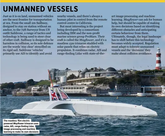  ??  ?? The mastless 15m electricpo­wered Mayflower trimaran uses radar, AIS, range-finding Lidar, image processing and machine learning to make its own decisions