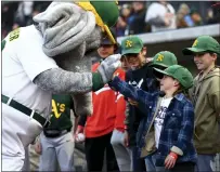  ?? ?? A young Oakland Athletics fan slaps hands with mascot Stomper before the team's spring training game against the Milwaukee Brewers on Friday at Las Vegas Ballpark, a Triple-A stadium.