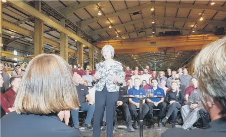  ??  ?? PM Theresa May addresses workers on a visit to the North East.