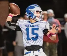  ?? James Franco / Special to the Times Union ?? Shaker quarterbac­k Jake Iacobaccio led the Blue Bison to a 29-7 victory over Saratoga Springs on Friday.