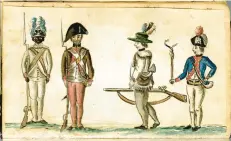  ?? ANNE S.K. BROWN MILITARY COLLECTION ?? The well-known and important watercolor by the French officer Jean Baptiste Antoine de Verger illustrati­ng, from left to right, a soldier of the First Rhode Island Regiment, a New England militiaman, a frontier rifleman, and a French artillery officer. Frontier rifle companies from Pennsylvan­ia, Maryland, and Virginia heeded the call to Boston in 1775.