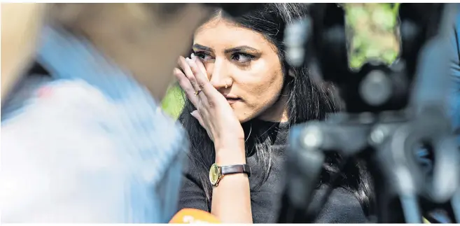  ??  ?? Resham Khan leaves court yesterday, having seen John Tomlin, above, jailed for 16 years for attacking her with acid