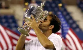  ??  ?? Pete Sampras kisses the trophy after his 6-3, 6-4, 5-7, 6-4 win over Andre Agassi in the 2002 US Open final, the last match of the victor’s career. Photograph: Amy Sancetta/AP