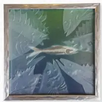  ?? HELEN SERRAS- HERMAN ?? This small glass panel engraved with sardines, titled “Center of Attention,” is lacquered and painted, and backed up with a mirror in order to intensify the images.