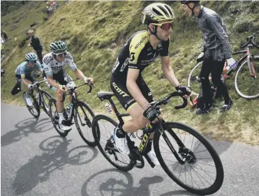  ??  ?? 0 Simon Yates leads the breakaway in the Pyrenees on his way to victory in Bagneres-de-bigorre.