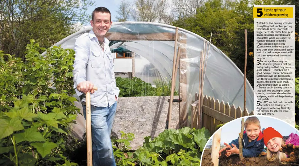  ??  ?? Michael Kelly growing his own at home, and inset, his children, Nicky and Vika, love mucking about in the garden. Photograph by Patrick Browne