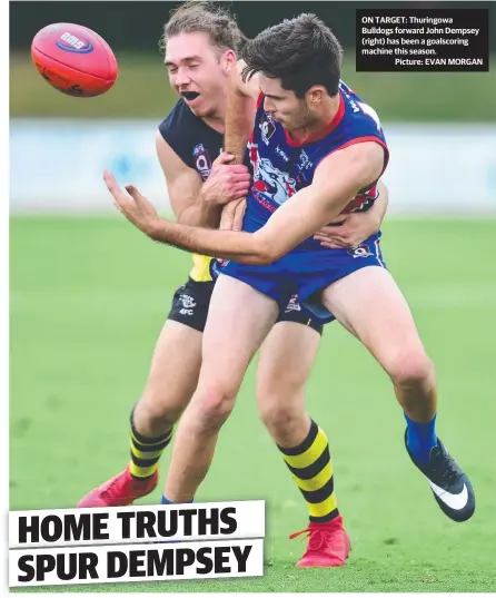  ??  ?? ON TARGET: Thuringowa Bulldogs forward John Dempsey (right) has been a goalscorin­g machine this season.
Picture: EVAN MORGAN