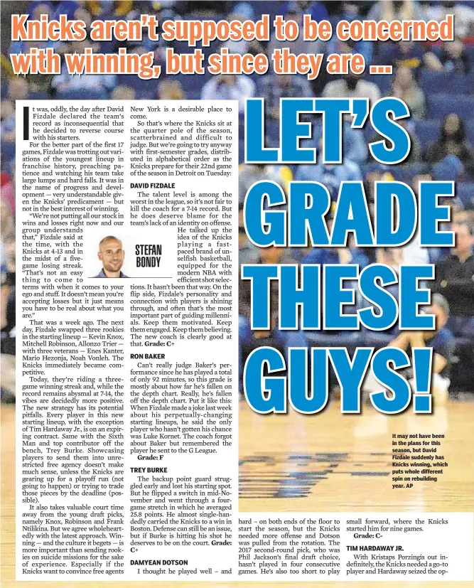  ?? AP ?? It may not have been in the plans for this season, but David Fizdale suddenly has Knicks winning, which puts whole different spin on rebuilding year.