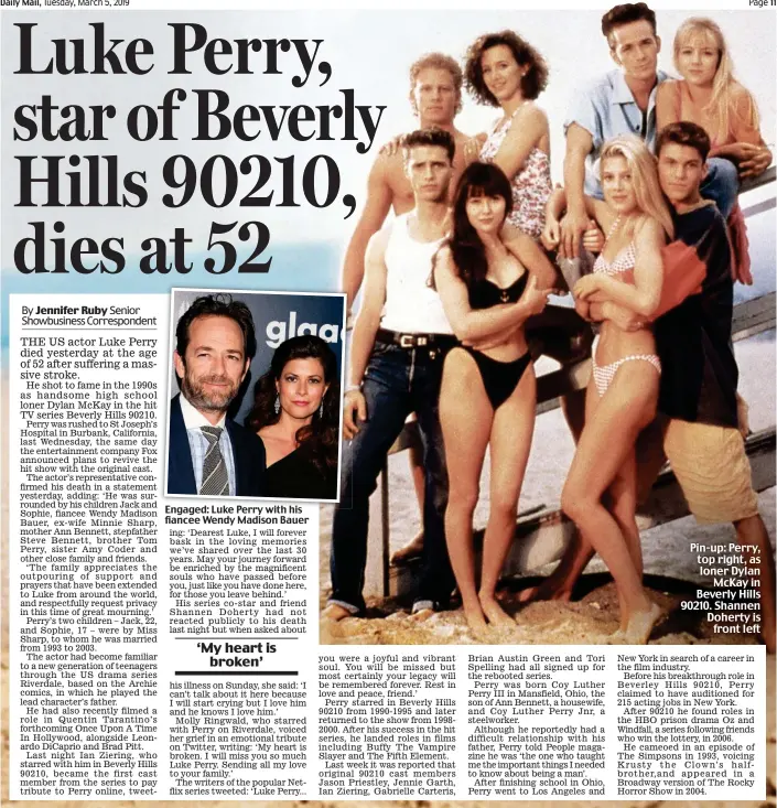  ??  ?? Pin-up: Perry, top right, as loner Dylan McKay in Beverly Hills 90210. Shannen Doherty is front left