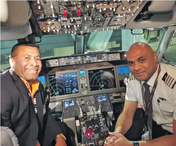  ??  ?? The second Boeing 737 MAX 8 named ‘Island of Gau ‘was handed over to Fiji Airways by Boeing yesterday at the Boeing Everett Factory, in Everett, Washington, USA. Pictured : Sevens legend Waisale Serevi with Fiji Airways Captain Etika Tuisue in the MAX 8s cockpit
