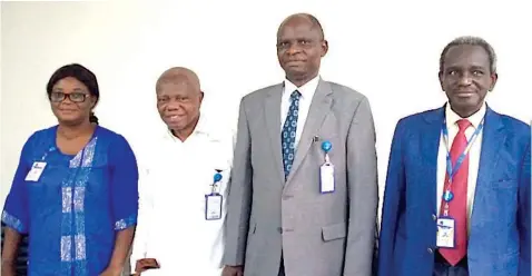  ?? PHOTO AYODELE ADENIRAN ?? College Secretary, Ben Carson ( Snr.) College of Health and Medical Sciences, Babcock University, Dr. Uzoma Chilaka ( left); Dean, School of Clinical Sciences, Prof. James Renner; Provost, BCCHMS, BU, Prof. Barnabas Mandong and Dean, School of Basic Clinical Sciences, Babcock University, Prof. Fayeofori Abbiyesuku during a press conference on the forthcomin­g induction ceremony for newly qualified medical doctors, at Babcock University.