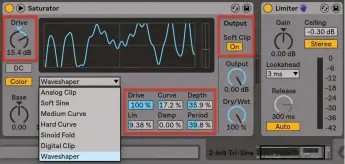  ??  ?? 16 Follow the Simpler (or Operator) sine wave with the Saturator device, then select its Waveshaper mode