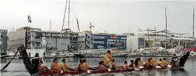  ?? ?? A waka escorts Team NZ out for their first race in Valencia 2007. Barcelona could be a shop window for New Zealand ingenuity, culture and products.