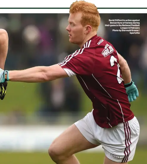  ??  ?? David Clifford in action against Declan Kyne of Galway during their game in the National Football League in February Photo by Diarmuid Greene / Sportsfile