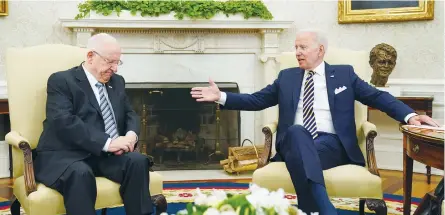  ?? (Kevin Lamarque/Reuters) ?? US PRESIDENT Joe Biden meets with President Reuven Rivlin at the White House in Washington on Monday.