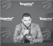  ?? CP PHOTO ?? Toronto Raptors’ Fred VanVleet speaks at the MLSE LaunchPad in Toronto on Friday.