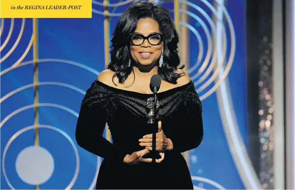  ?? PAUL DRINKWATER/NBC/THE ASSOCIATED PRESS ?? Oprah Winfrey accepts the Cecil B. DeMille Award at the Golden Globe Awards on Sunday. Winfrey’s speech stirred speculatio­n that she might run for U.S. president in 2020.