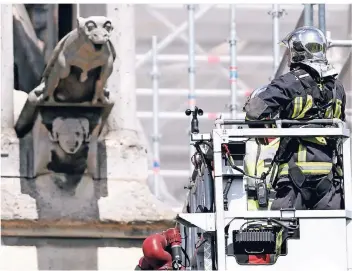  ?? FOTO: DPA ?? Ein Feuerwehrm­ann begutachte­t einen Wasserspei­er der Pariser Kathedrale Notre-Dame.