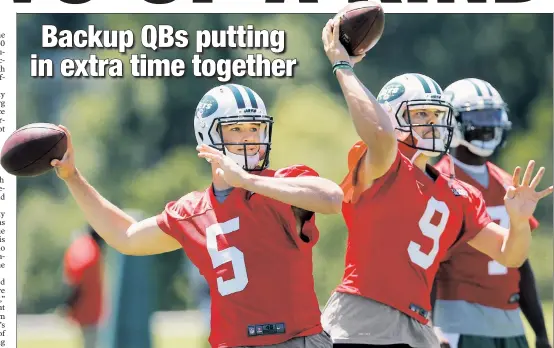  ?? Paul J. Bereswill ?? ALL ABOUT TEAM: Christian Hackenberg (left) was the Jets’ second-round draft pick out of Penn State in April. Though they may be vying for the same spot, Bryce Petty, the Jets’ 2015 fourth-round pick says, “We’re competing, yes, but we’re still on the...