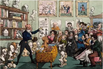  ??  ?? A la izqda., conferenci­a del promotor de la frenología George Combe en su casa de Edimburgo, en una litografía fechada en 1826.