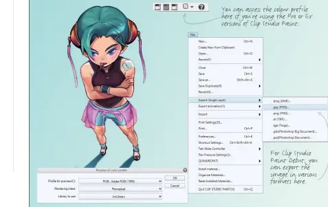  ??  ?? You can access the colour profile here if you’re using the Pro or Ex versions of Clip Studio Paint. For Clip Studio Paint Debut, you can export the image in various formats here.