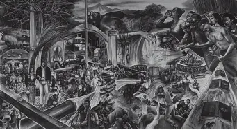  ?? ?? Aris Prabawa, Western Ruined Eastern, History Burned The Debt Return, 2023, charcoal on canvas, 170 × 300 cm. Courtesy Gajah Gallery, Singapore