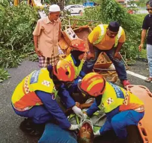  ?? [FOTO ROSLI ILHAM/BH] ?? Anggota APM memberi bantuan kecemasan kepada mangsa yang tercampak ke atas jalan selepas kren digunakan untuk menebang pokok patah di Kilometer 68.8, Jalan Kuala Terengganu-kuantan, Dungun, semalam.