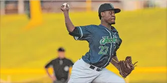  ?? BOB TYMCZYSZYN
TORSTAR ?? Welland Jackfish right-hander Euclides Leyer is the Intercount­y Baseball League’s pitcher of the week.