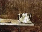  ??  ?? Andrew Wyeth’s “Christina’s Teapot,” from 1968, memorializ­es a well-known figure of American art.