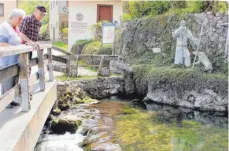  ?? FOTO: SABINE RÖSCH ?? Maria Holzmann und Franz Sauter betrachten sorgenvoll die verunreini­gte Quelle.