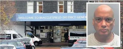  ??  ?? Gregory Whyte (inset) dressed up in a nurse’s uniform, mask and wig in his attempt to kidnap his former partner at Macclesfie­ld General Hospital