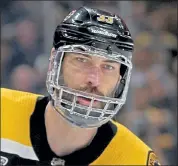  ?? STUART CAHILL / BOSTON HERALD FILE ?? Zdeno Chara, dealing with a broken jaw, warms up prior to Game 5 of the Stanley Cup Final against the St. Louis Blues on June 6, 2019.