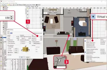  ??  ?? 1 2 3 4 Use the Create Walls or Create Rooms tools at the top to draw your floor plans in the graph- paper 2D view pane, then drag items from the furniture library into your plans. Right-clicking the 3D model pane lets you switch between an ‘Aerial view’ or a ‘Virtual visit’. The latter gives you a realistic idea of how your design will look. You can click and move the view icon in the 2D view pane to change the point of view of the 3D model. You can also click and drag in the 3D model window to change the camera angle. If the furniture options don’t have the correct dimensions, you can double-click them in the Item list pane and customise the measuremen­ts – along with other attributes, such as textures.