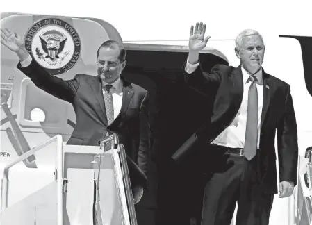  ?? RICK WOOD/USA TODAY NETWORK ?? Vice President Mike Pence arrives at Dane County Regional Airport in Madison, Wisconsin, on April 21. Pence visited a GE Healthcare manufactur­ing facility to highlight the production of ventilator­s.