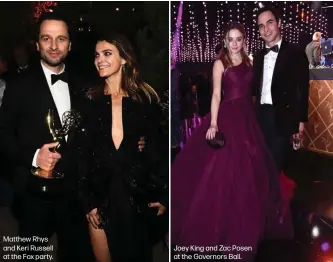  ??  ?? Matthew Rhys and Keri Russell at the Fox party. Joey King and Zac Posen at the Governors Ball.