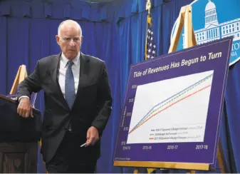  ?? Paul Chinn / The Chronicle ?? Gov. Jerry Brown presents the summary of his 2017-18 California budget, which anticipate­s the first deficit since 2012. Brown’s solutions made some Democratic legislator­s uneasy.