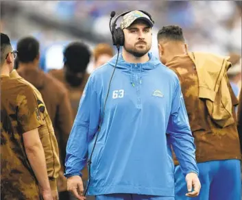  ?? Kyusung Gong Associated Press ?? CHARGERS center Corey Linsley, shown during a game against the Detroit Lions on Nov. 12 at SoFi Stadium, says he is “probably 99% sure” that he has played his last NFL game because of his heart issues.