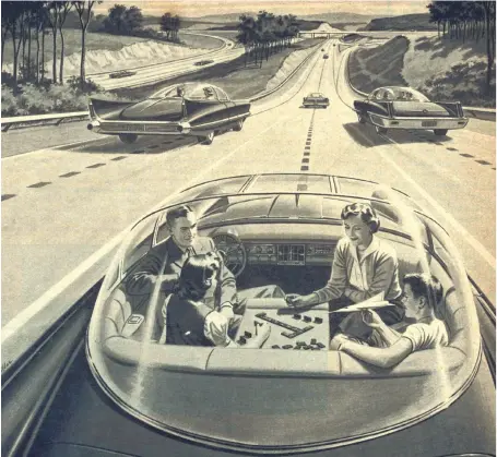 ??  ?? — Electricit­y May Be The Driver. America's Independen­t Electric Light and Power Companies Magazine Advert, 1956.