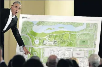  ?? [NAM Y. HUH/THE ASSOCIATED PRESS] ?? Former President Barack Obama explains what his presidenti­al center in Chicago will look like. Wednesday’s event was at the South Shore Cultural Center, a park facility where the Obamas held their wedding reception 25 years ago.