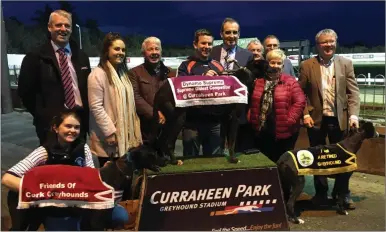  ??  ?? The presentati­on to Dynamo Supreme and his owner Denis Quinlan at Curraheen Park last Friday; also pictured are Gerard Dollard, CEO of the Irish Greyhound Board, Racing Manager at Curraheen Park Brian Collins, Kathryn Barrett, Liam Quinlan, Paddy Barrett, Tony Winters, Sheena Murphy and Pat Curtin.