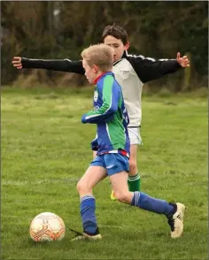  ??  ?? Hat-trick hero Tristan Cuddihy comes up against Michael Kehoe.