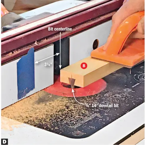  ??  ?? Raise the dovetail bit 3⁄8" above the table, and position the fence to center the bit on the end of a flat piece (B). Use a stopblock or a piece of masking tape to establish the cut length.