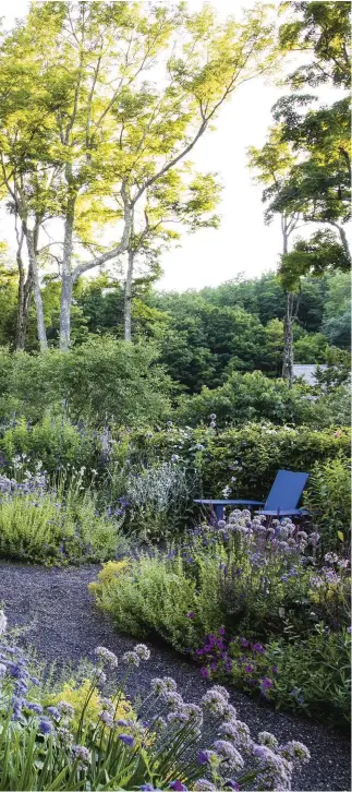  ??  ?? Left Taller plants around the edge of the flower garden soften the fencing to create a hidden space to sit and relax, while planting in the central beds is kept to under a metre. The central axis is left intentiona­lly wide to allow room for plants to spill into the gravel pathways.