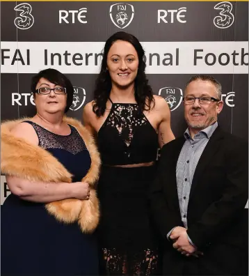  ??  ?? Drogheda native Megan Campbell with parents Eamon and Susan Campbell during the 3 FAI Internatio­nal Awards at RTE Studios in Donnybrook on Sunday evening. Megan was one of three nominees for Internatio­nal Women’s Player of the Year.