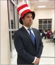  ?? EVAN BRANDT — MEDIANEWS GROUP ?? Pottstown Schools Superinten­dent Stephen Rodriguez showed his support for the ‘Seussical’ initiative by wearing appropriat­e headgear.