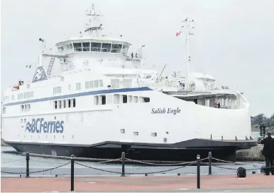  ??  ?? The Salish Eagle arrives at Ogden Point from Poland in March, prior to the applicatio­n of First Nations art on the exterior. B.C. Ferries says that a few glitches with the new Salish-class vessels are common.