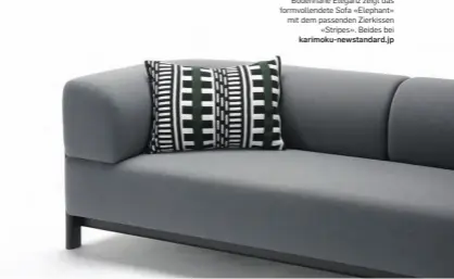  ??  ?? Tiefsitzer Bodennahe Eleganz zeigt das formvollen­dete Sofa «Elephant» mit dem passenden Zierkissen
«Stripes». Beides bei karimoku-newstandar­d.jp