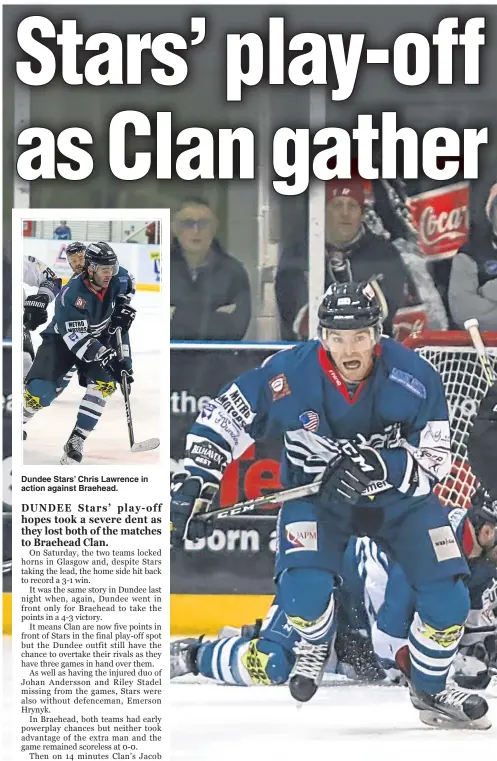  ??  ?? Dundee Stars’ Chris Lawrence in action against Braehead. Brian Hart (left) and Omar Pacha (right) charge down the puck as Braehead Clan